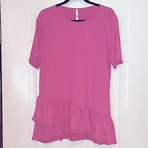 E.C. Pink Ruffle Hem Tunic Top/Dress L Barbie Pink Feminine Lagenlook Stretch